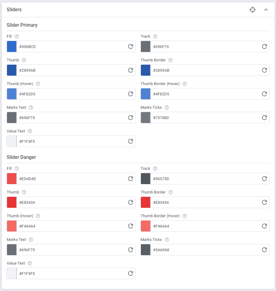 Theme Management Tool: Sliders color settings for Slider Primary and Slider Danger with fill, track, thumb and marks