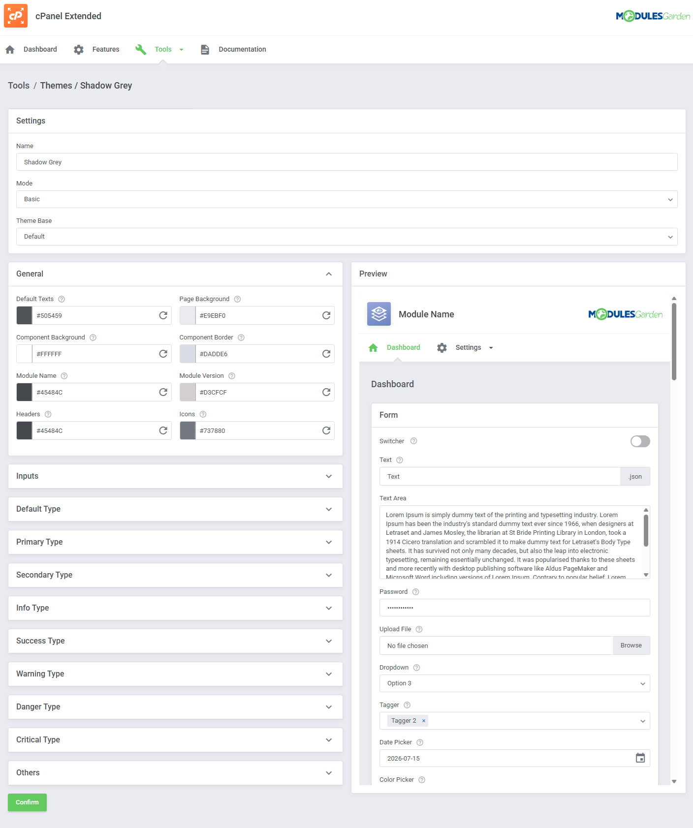 Theme Management Tool: Shadow Grey theme editor in Basic mode with the General section and live preview