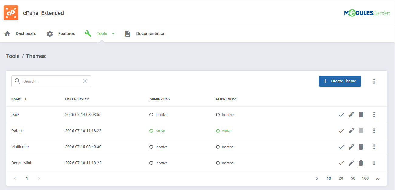 Theme Management Tool: Tools Themes list in cPanel Extended with Dark, Default, Multicolor and Ocean Mint themes