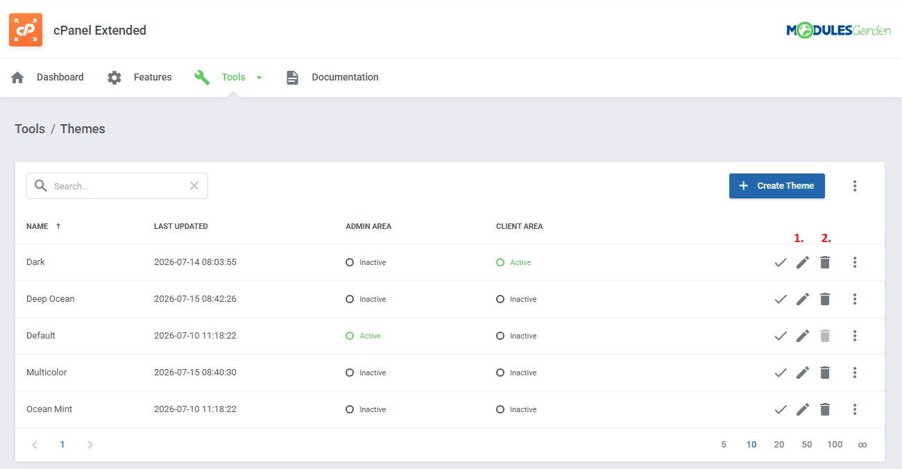 Theme Management Tool: themes list with the edit and delete icons marked, Default theme delete icon disabled