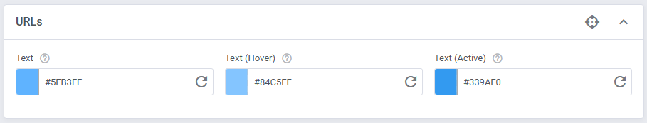 Theme Management Tool: URLs color settings with text, hover and active hex values for links