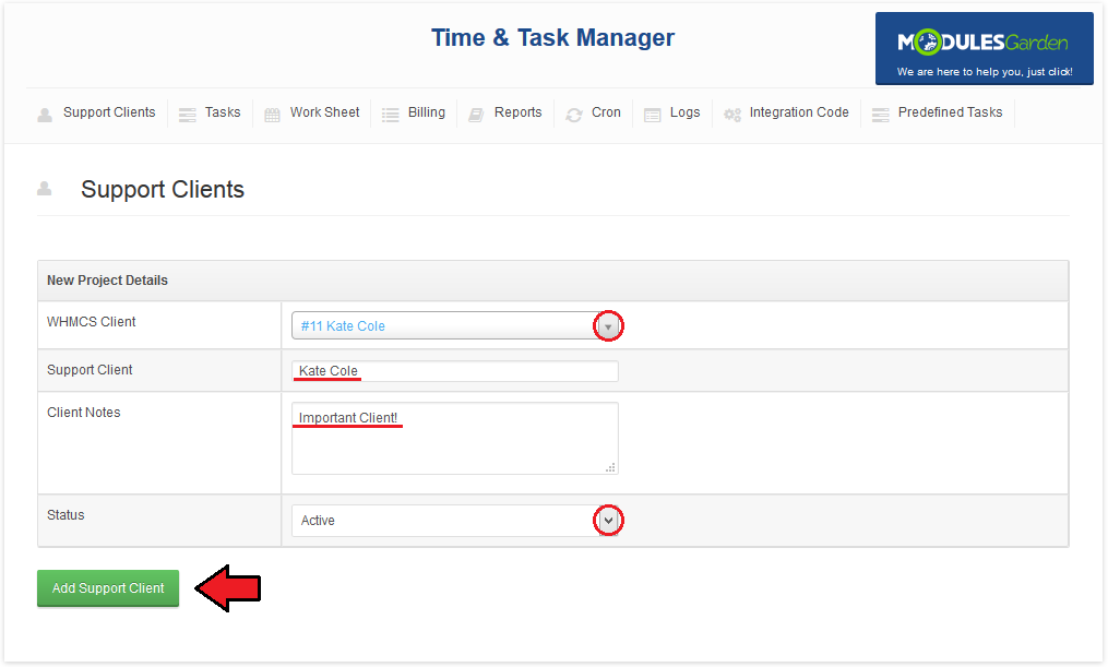 Time And Task Manager For WHMCS: Add Support Client form with the WHMCS client Kate Cole, a note and Active status