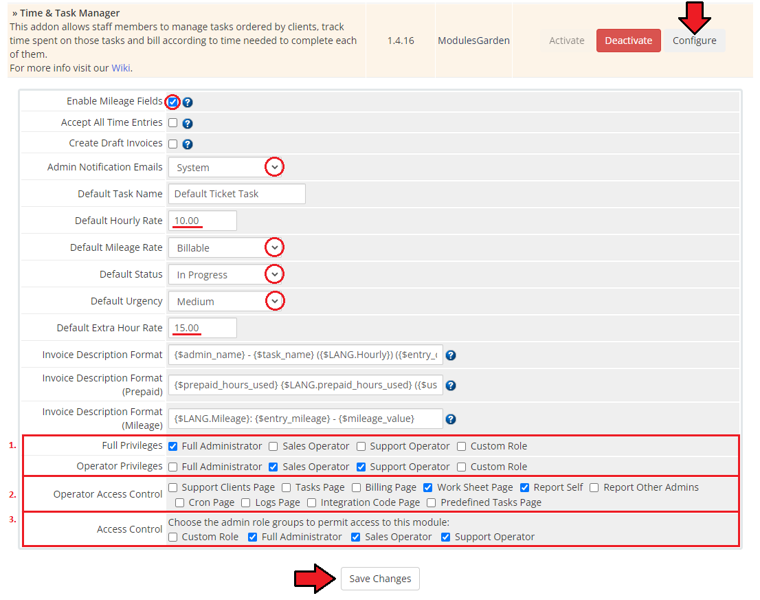 Time And Task Manager For WHMCS: module configuration in WHMCS Addon Modules with privileges and access control settings