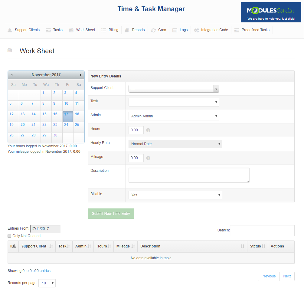 Time And Task Manager For WHMCS: Work Sheet tab of the addon with the calendar and the New Entry Details form