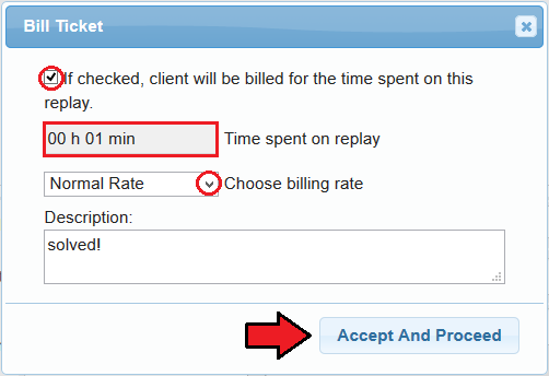 Time And Task Manager For WHMCS: Bill Ticket dialog with billing checkbox, time spent, billing rate and Accept And