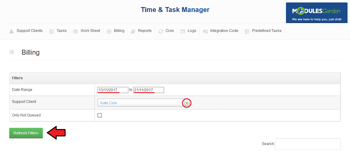 Time And Task Manager For WHMCS: Billing filters with a date range, Kate Cole as support client and Refresh Filters