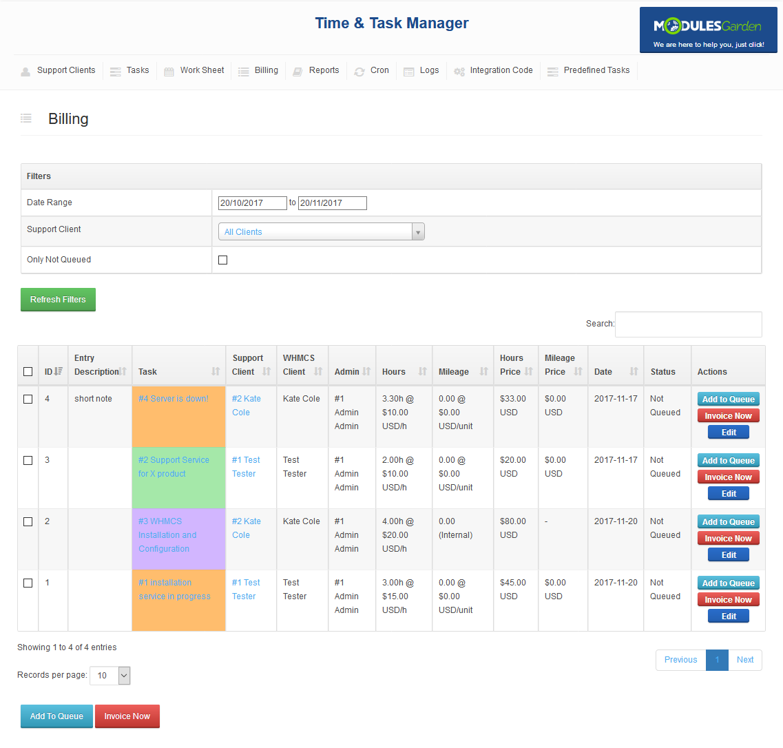 Time And Task Manager For WHMCS: Billing page with date range and support client filters above the time entries table