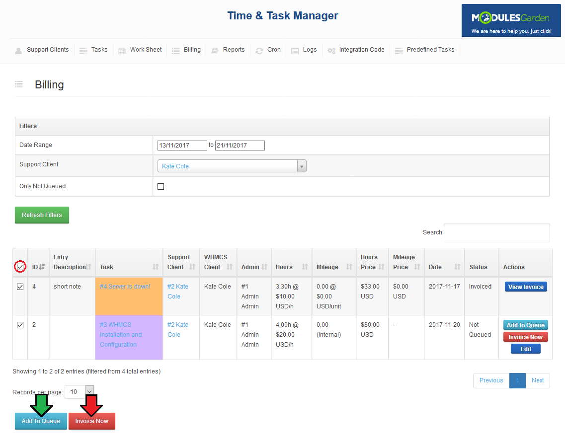 Time And Task Manager For WHMCS: Billing entries selected with the checkbox and the Add To Queue and Invoice Now buttons