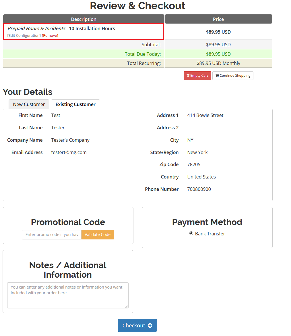 Time And Task Manager For WHMCS: WHMCS Review and Checkout page with the 10 Installation Hours prepaid hours item in