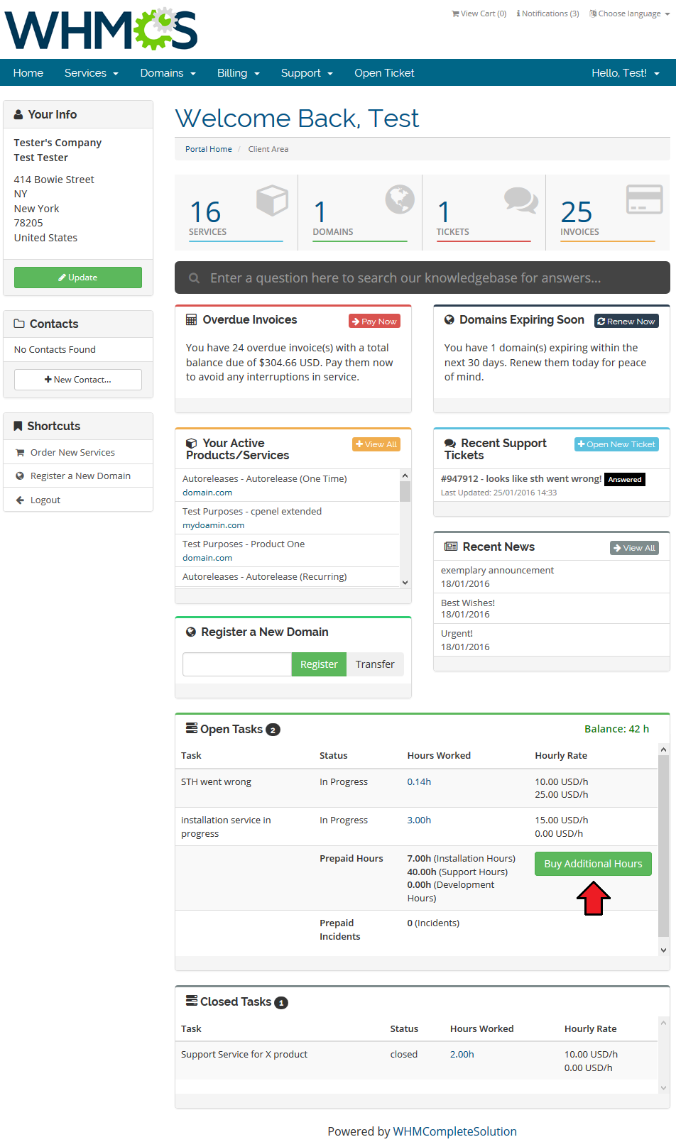 Time And Task Manager For WHMCS: Client area Open Tasks box with the Buy Additional Hours button