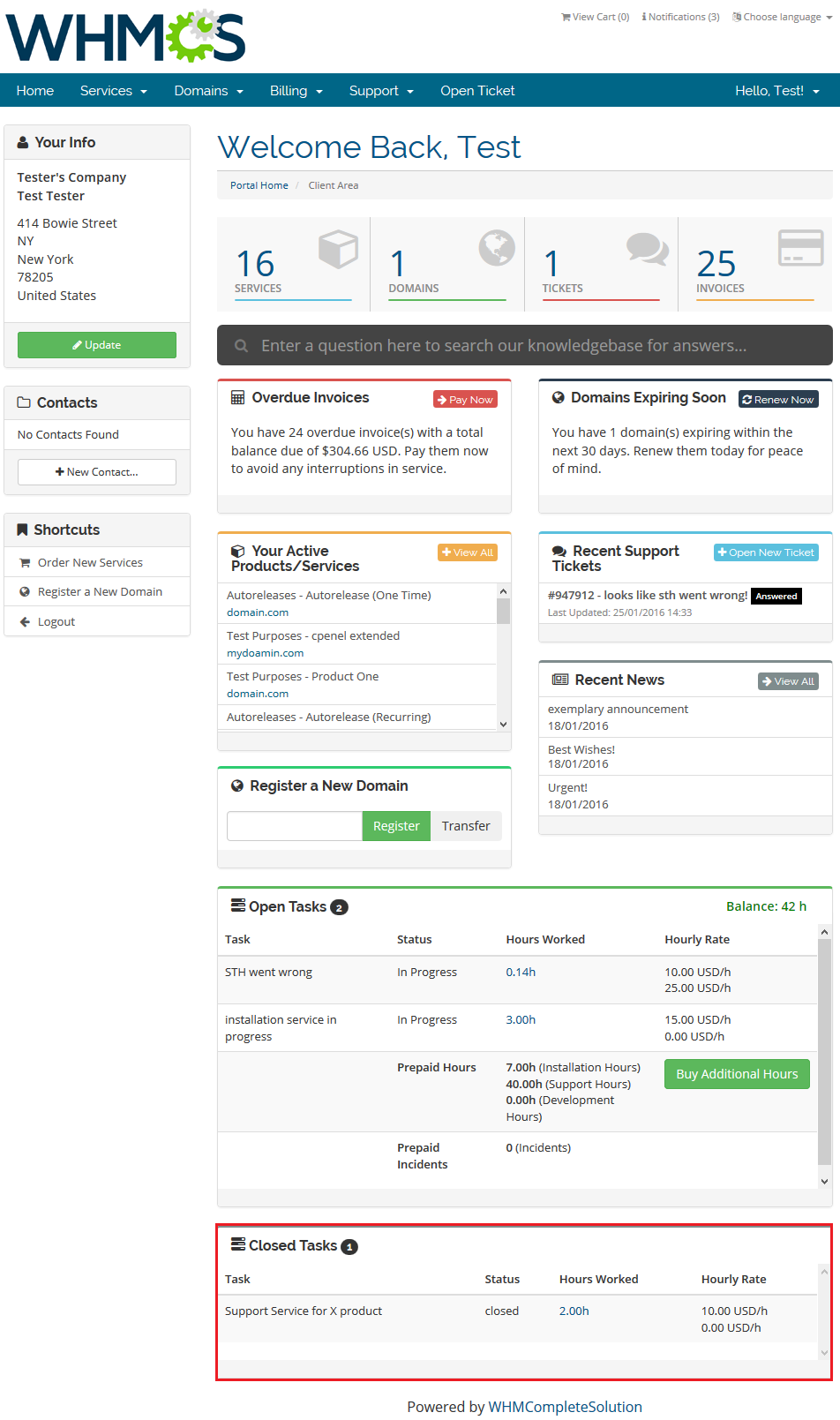 Time And Task Manager For WHMCS: Client area Closed Tasks list with task status, hours worked and hourly rate