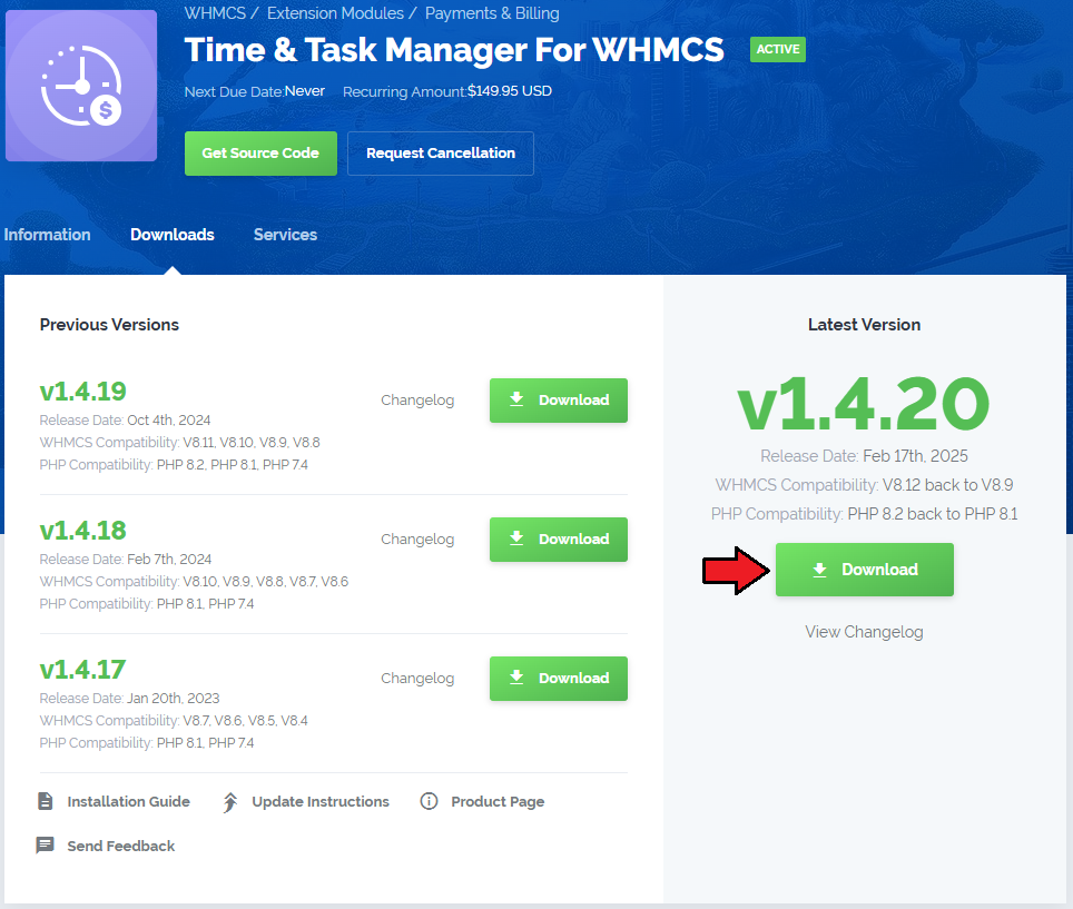 Time And Task Manager For WHMCS: client area Downloads tab with the Download button for the latest module version