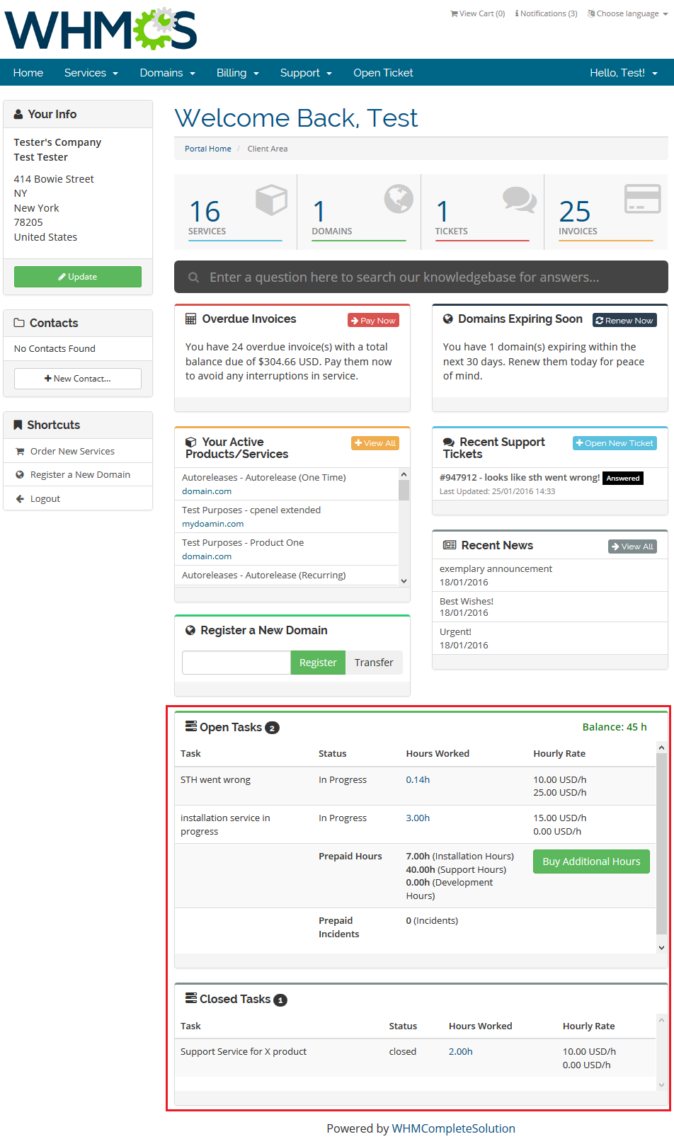 Time And Task Manager For WHMCS: WHMCS client area home with Open Tasks and Closed Tasks boxes and purchase button