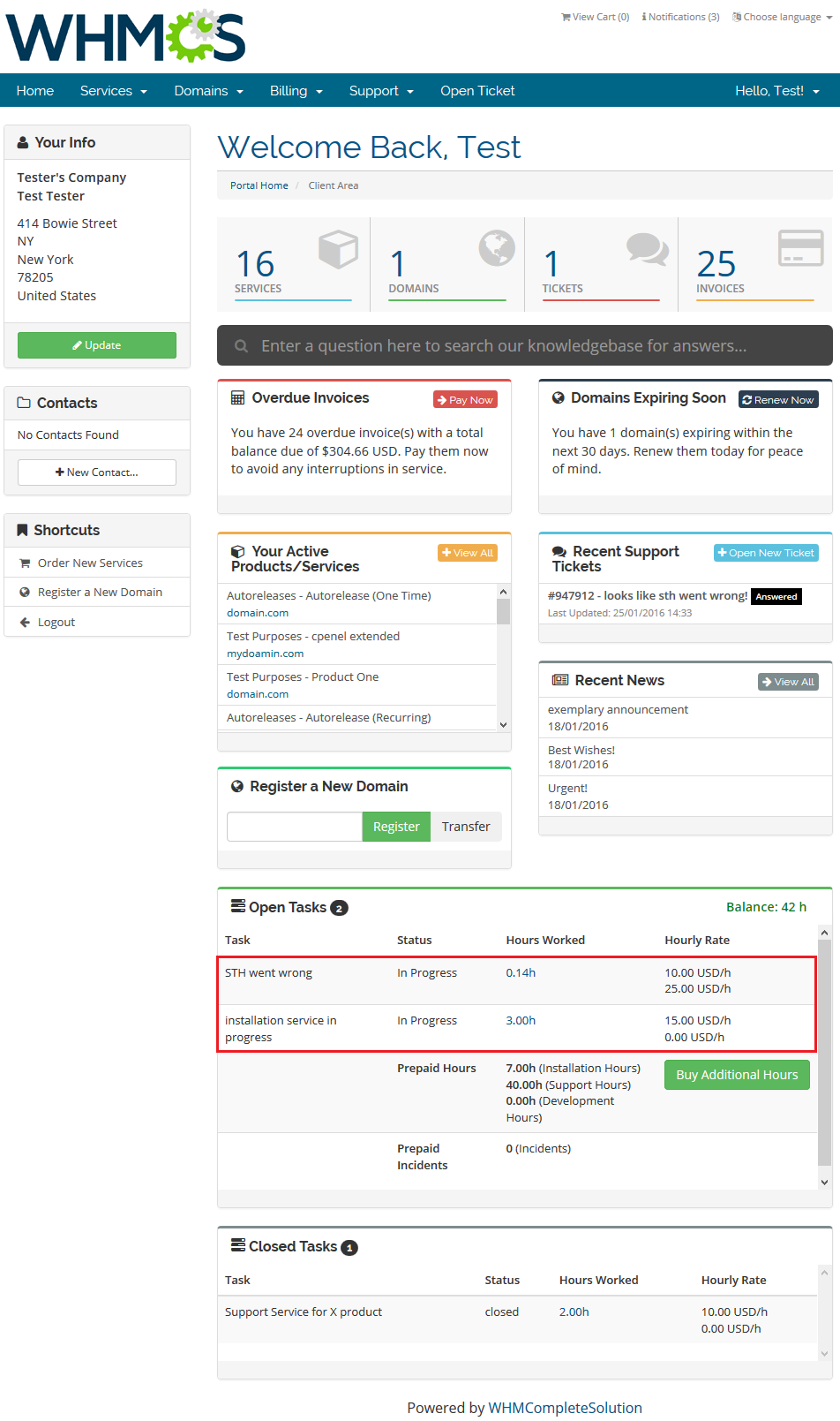 Time And Task Manager For WHMCS: Client area Open Tasks list with task status, hours worked and hourly rate