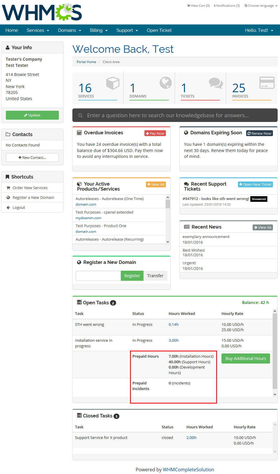 Time And Task Manager For WHMCS: Client area Open Tasks box showing prepaid hours, incidents and the current balance