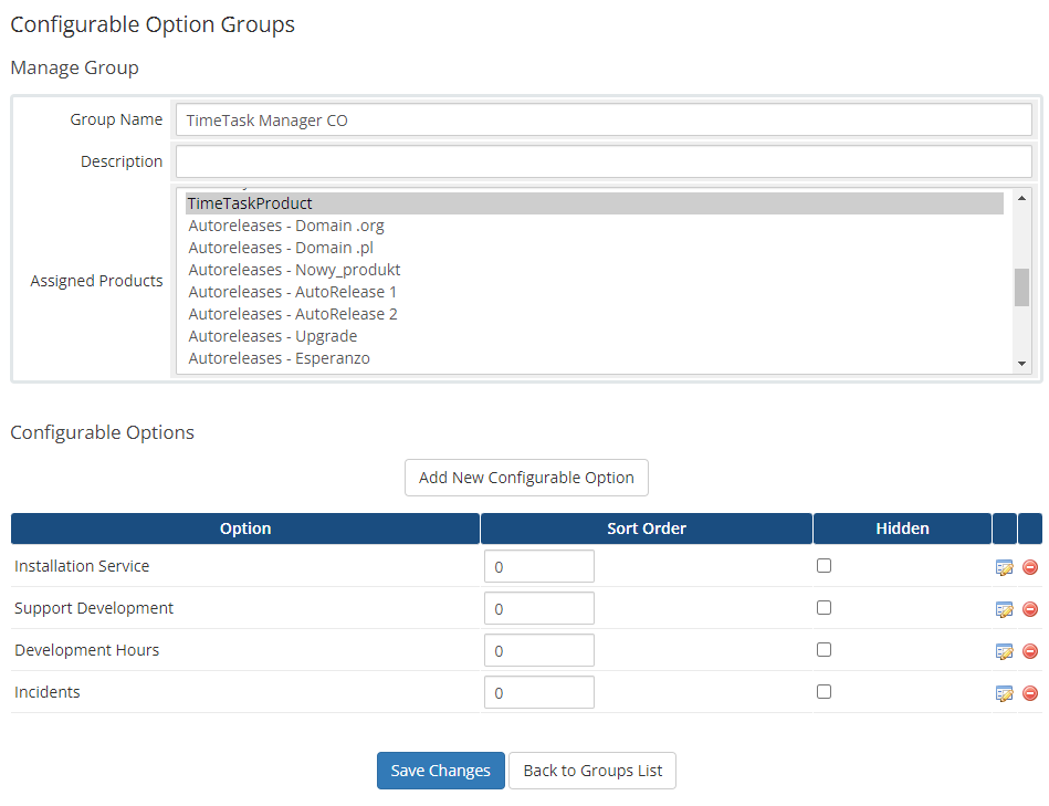 Time And Task Manager For WHMCS: WHMCS Configurable Option Groups page with the list of options for hours and incidents