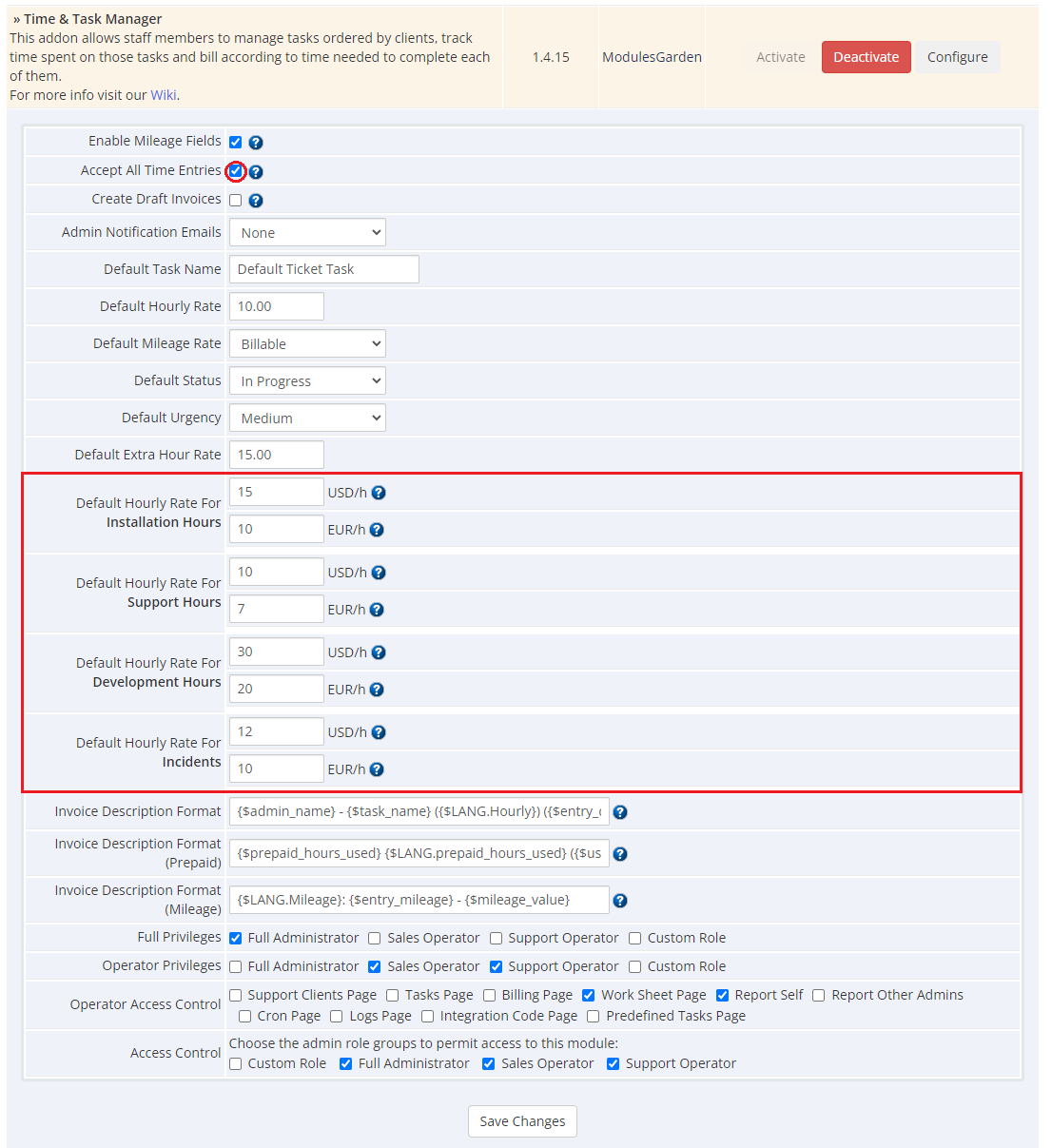 Time And Task Manager For WHMCS: module configuration with default hourly rates per custom field for each currency