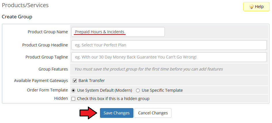 Time And Task Manager For WHMCS: WHMCS Create Group form with the Prepaid Hours & Incidents group name and Save Changes