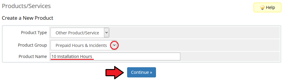 Time And Task Manager For WHMCS: WHMCS Create a New Product form with product group and name 10 Installation Hours
