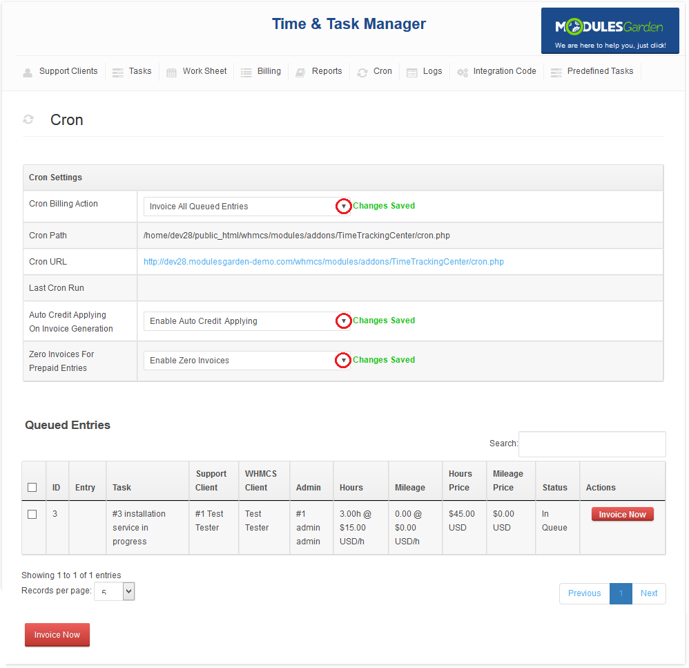 Time And Task Manager For WHMCS: Cron page with billing action, auto credit and Zero Invoices For Prepaid Entries