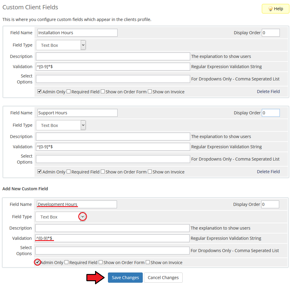 Time And Task Manager For WHMCS: WHMCS Custom Client Fields page with the Admin Only checkbox and Save Changes button