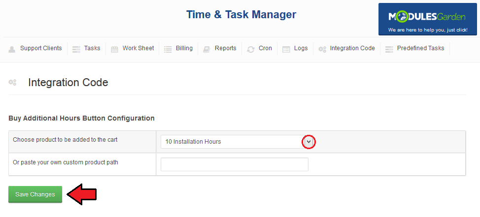 Time And Task Manager For WHMCS: Integration Code page with the product for the Buy Additional Hours button and Save