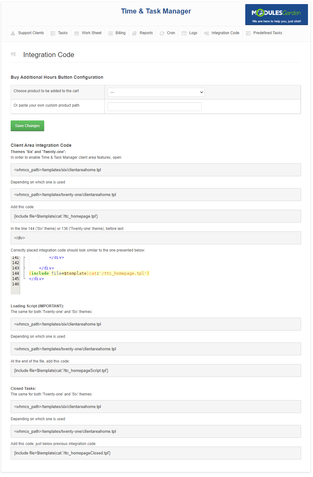 Time And Task Manager For WHMCS: Integration Code page with client area template code and the include line