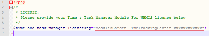Time And Task Manager For WHMCS: license.php file open in an editor with the license key entered between quotation marks