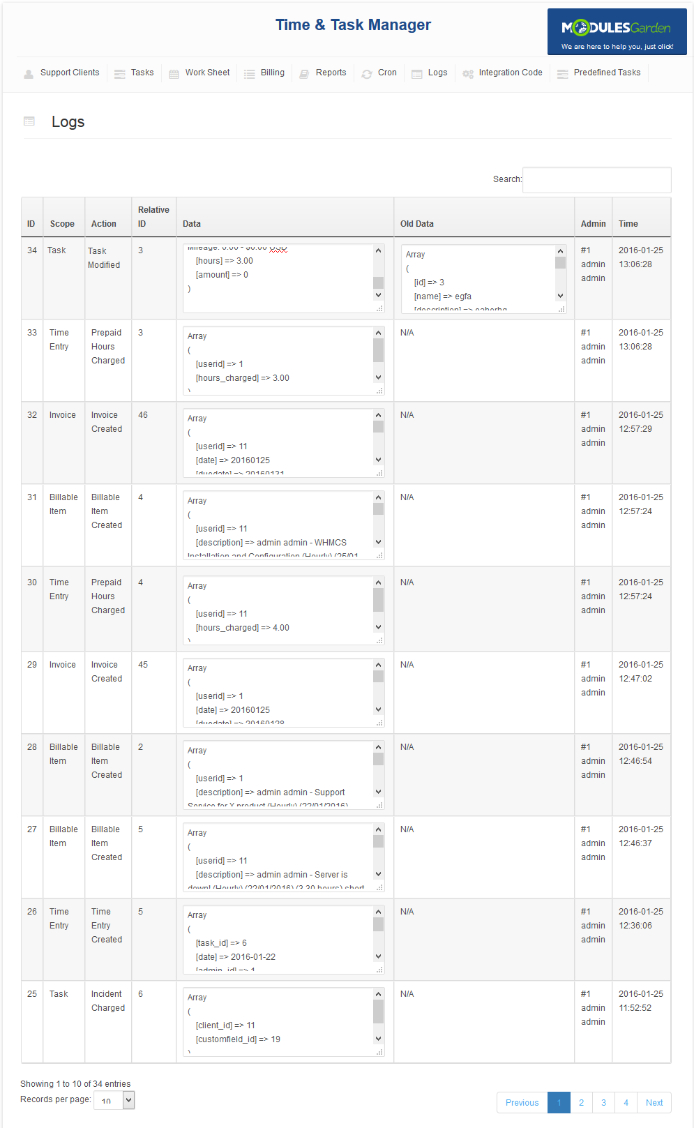 Time And Task Manager For WHMCS: Logs page table with scope, action, relative ID, Data and Old Data columns