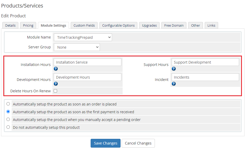 Time And Task Manager For WHMCS: product Module Settings with configurable option names typed into the hours fields