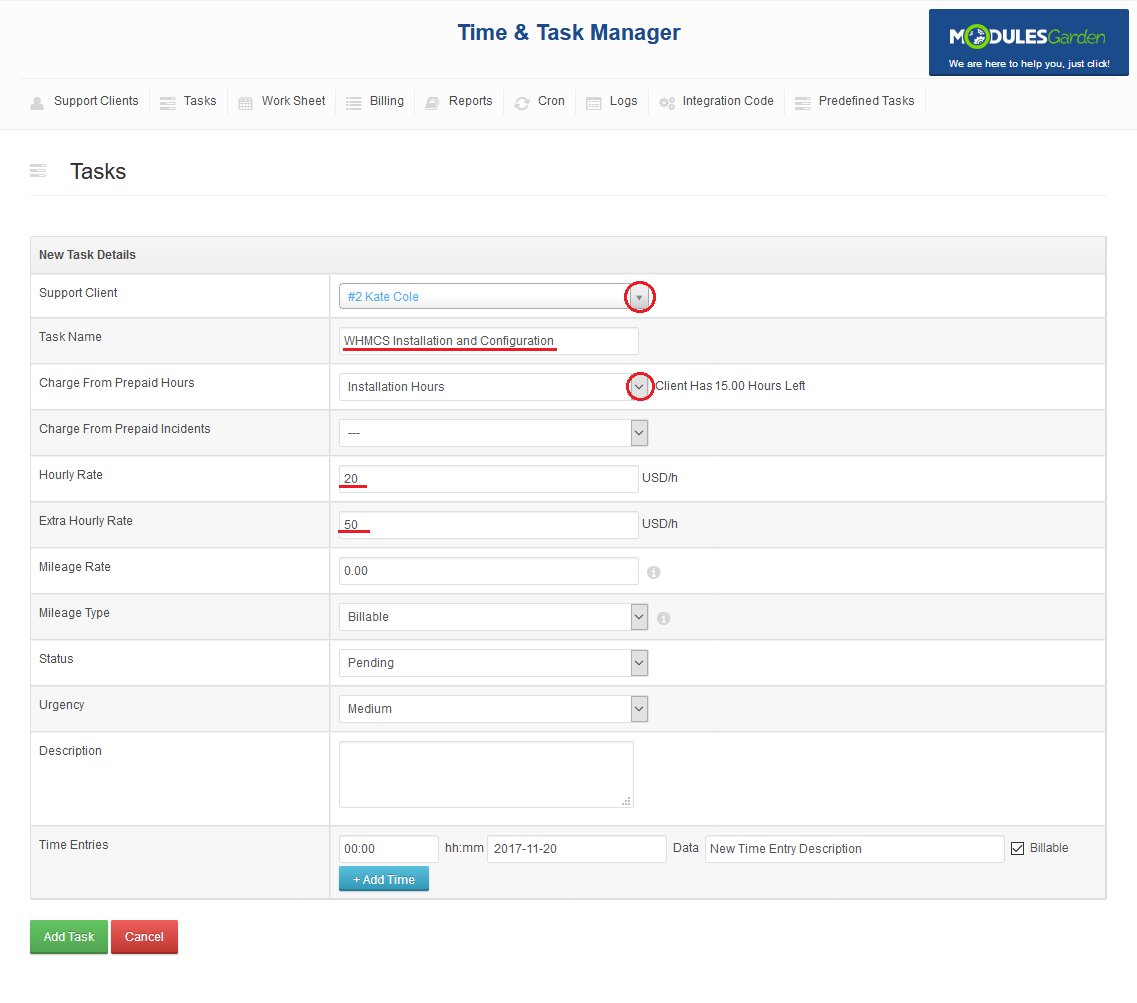 Time And Task Manager For WHMCS: New Task Details form with support client, task name, prepaid hours and hourly rates