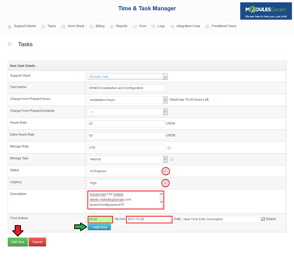 Time And Task Manager For WHMCS: New Task Details form with status, urgency, description and a time entry before Add