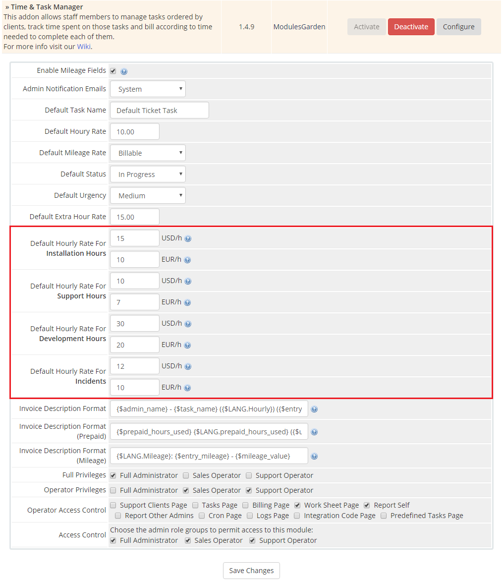 Time And Task Manager For WHMCS: module configuration with hourly rates for Installation, Support and Development Hours