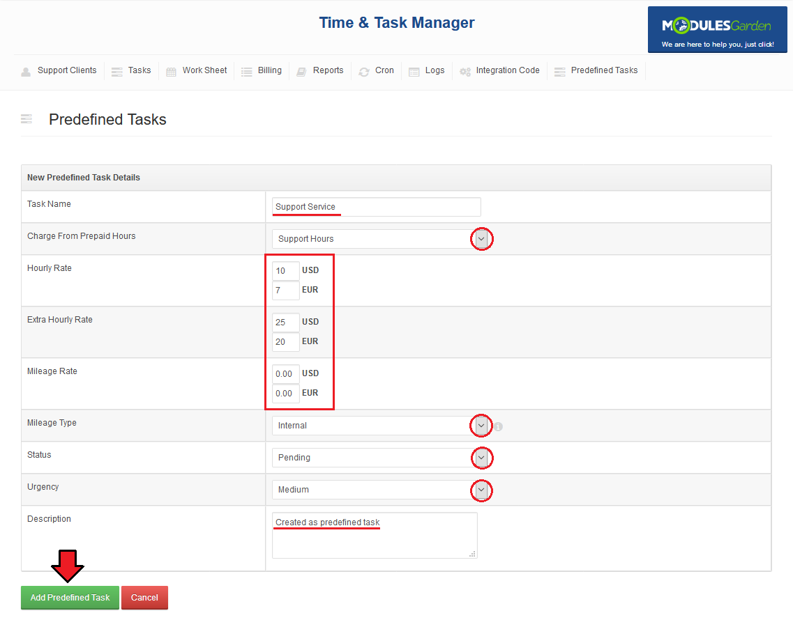 Time And Task Manager For WHMCS: New predefined task form with name, prepaid hours, rates, mileage type, status and