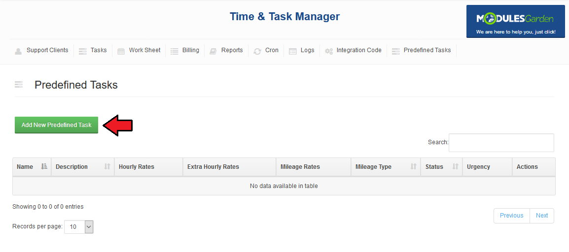 Time And Task Manager For WHMCS: Predefined Tasks page with an empty table and the Add New Predefined Task button