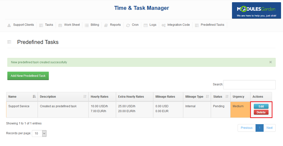 Time And Task Manager For WHMCS: Predefined Tasks list with a created Support Service task and the Edit and Delete