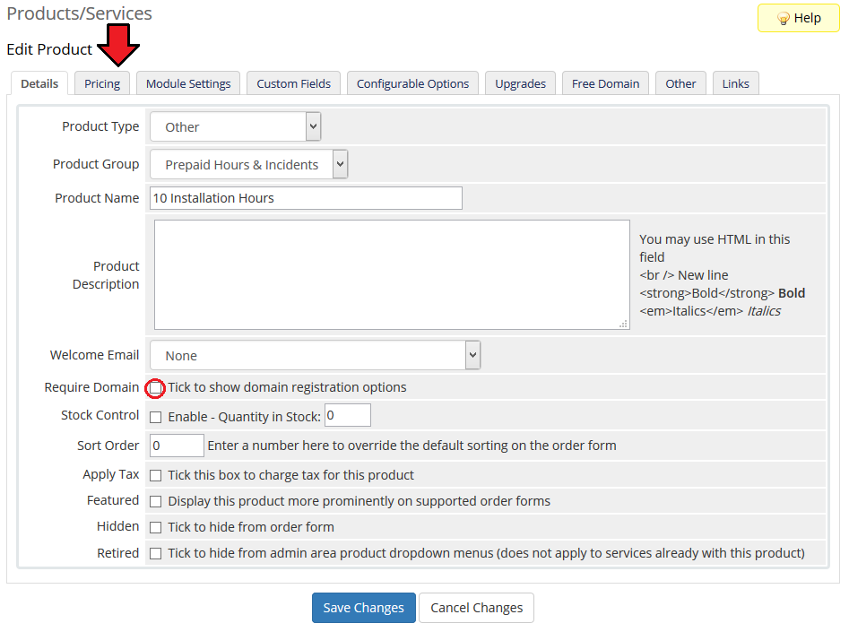 Time And Task Manager For WHMCS: WHMCS Edit Product Details tab with the Require Domain checkbox and the Pricing tab