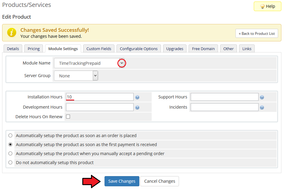 Time And Task Manager For WHMCS: product Module Settings tab with the TimeTrackingPrepaid module and 10 Installation