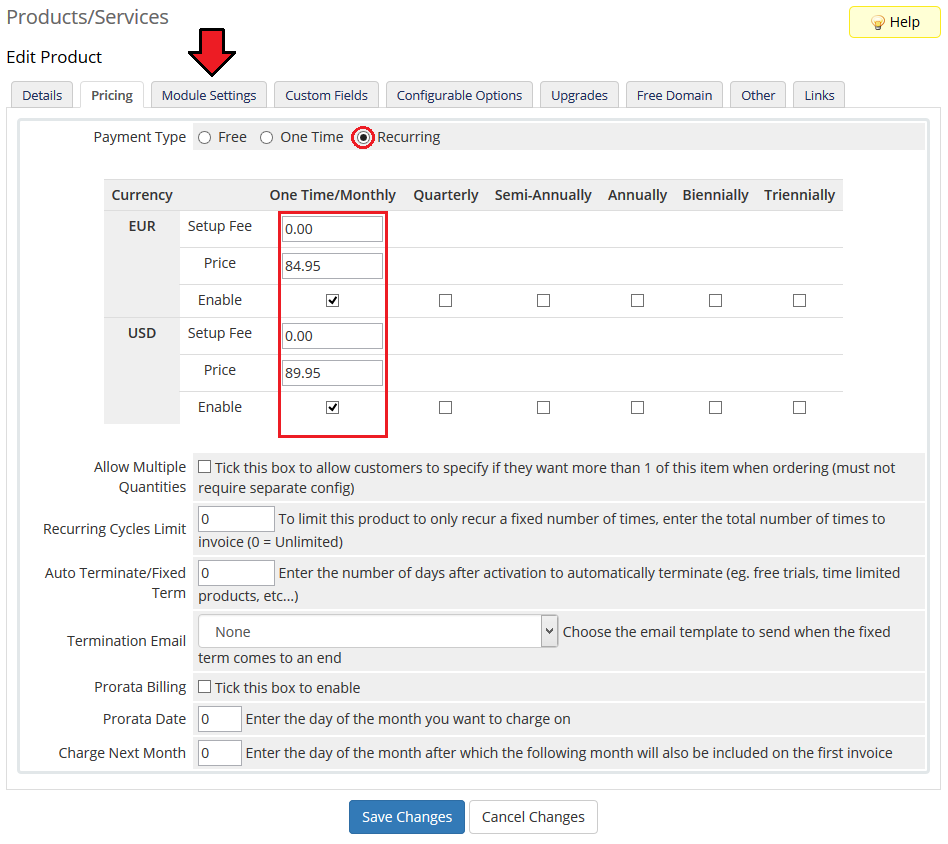 Time And Task Manager For WHMCS: WHMCS Edit Product Pricing tab with the Recurring payment type and prices per currency