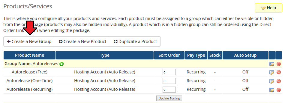 Time And Task Manager For WHMCS: WHMCS Products/Services page with the Create a New Group button