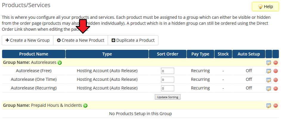 Time And Task Manager For WHMCS: WHMCS Products/Services page with the Create a New Product button