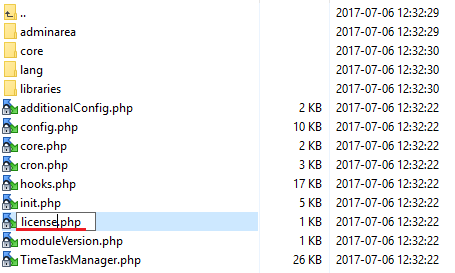Time And Task Manager For WHMCS: file manager with the licenseRENAME.php file being renamed to license.php