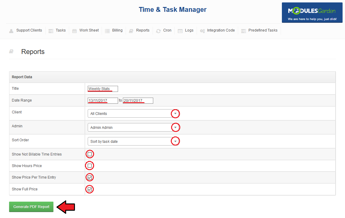 Time And Task Manager For WHMCS: Reports form with title, date range, client, admin, sort order and Generate PDF Report