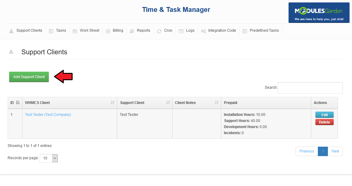 Time And Task Manager For WHMCS: Support Clients tab with an arrow pointing at the Add Support Client button