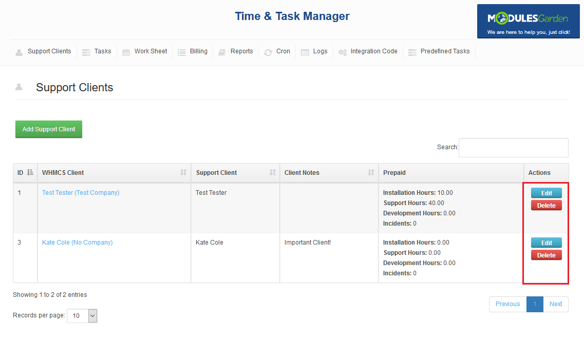 Time And Task Manager For WHMCS: Support Clients table with the Edit and Delete buttons highlighted in the Actions