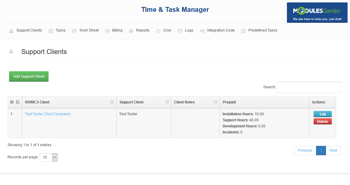 Time And Task Manager For WHMCS: Support Clients tab with the list of clients and their prepaid hours and incidents