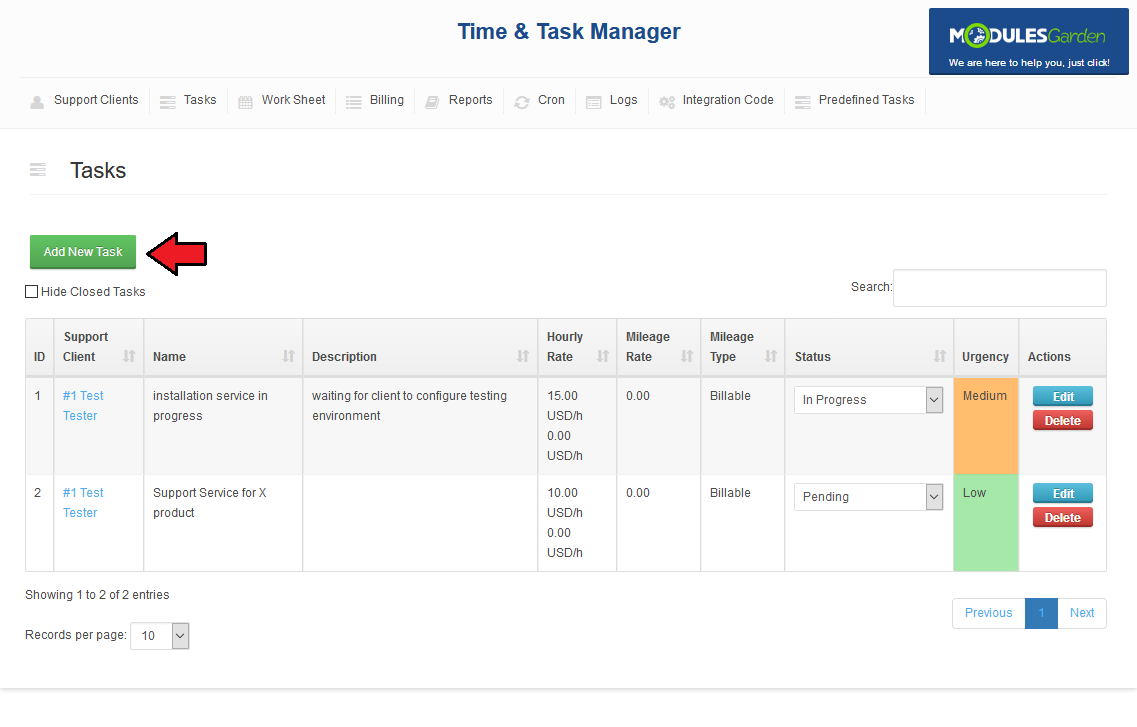 Time And Task Manager For WHMCS: Tasks tab with the list of tasks and an arrow pointing at the Add New Task button