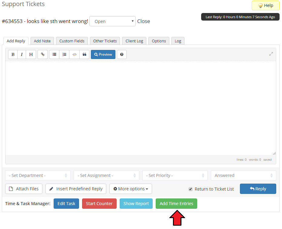 Time And Task Manager For WHMCS: WHMCS ticket page with the Add Time Entries button of Time & Task Manager