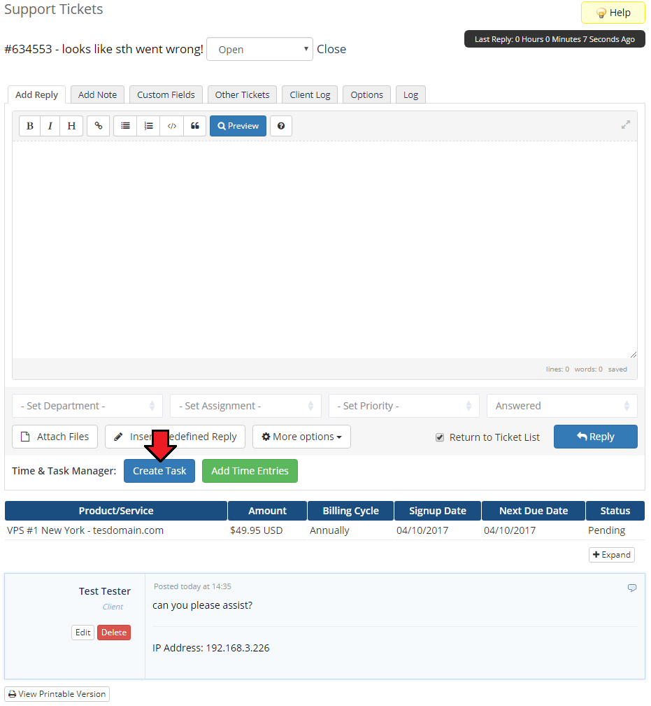 Time And Task Manager For WHMCS: WHMCS admin support ticket reply page with the Create Task button of Time & Task