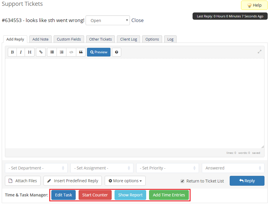 Time And Task Manager For WHMCS: WHMCS ticket page with Edit Task, Start Counter, Show Report and Add Time Entries